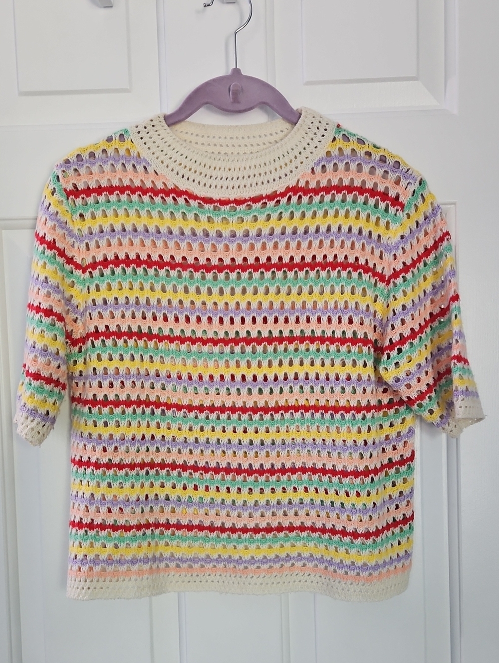Women’s Multicolor Crochet Short Sleeve Tee - Cream Base